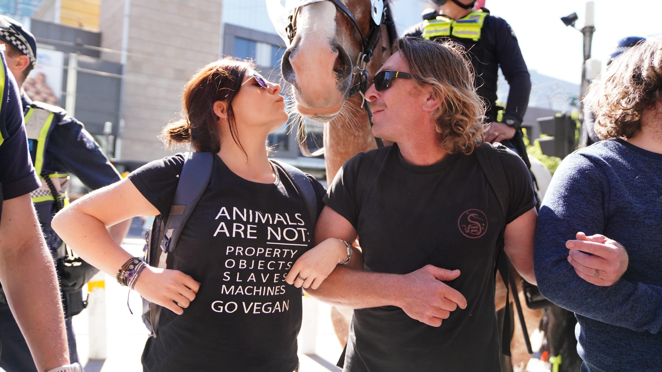 Blockade protester leaning over to kiss a police horse on the nose