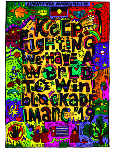 Blockade IMARC Zine Cover which is very colourful and reads "Keep Fighting, We Have A World To Win: Blockade IMARC '19"